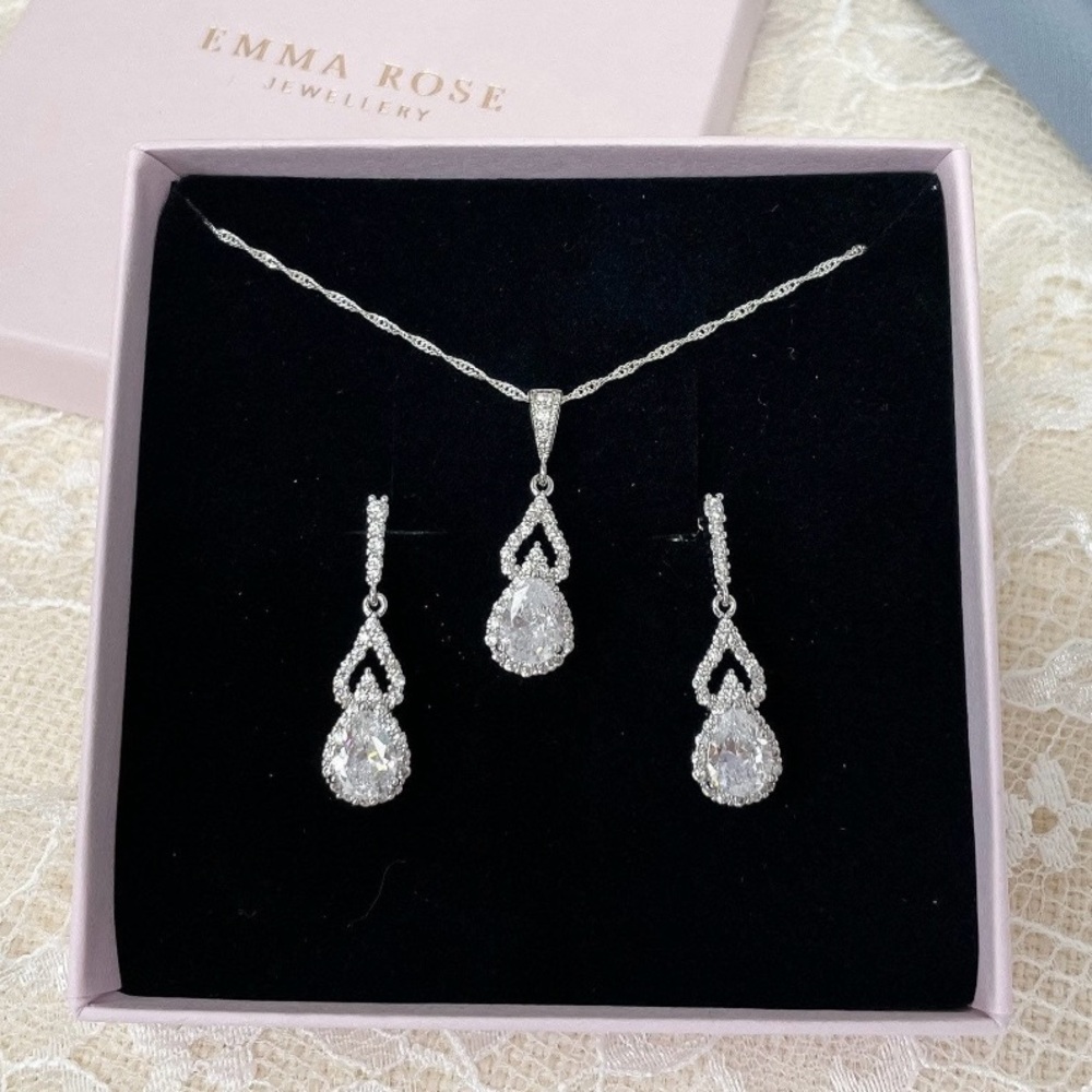 Silver Teardrop Earrings with Clear Gemstones